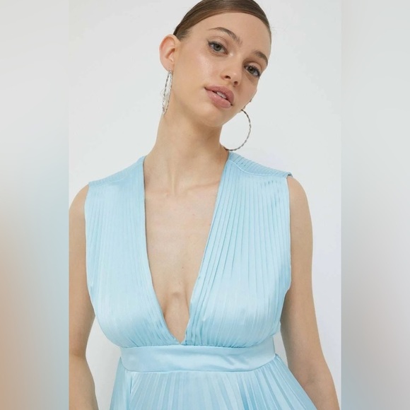 Abercrombie & Fitch Plunge Pleated Satin Mini Dress Sky Blue XLT Tall Long NWT - Picture 4 of 16